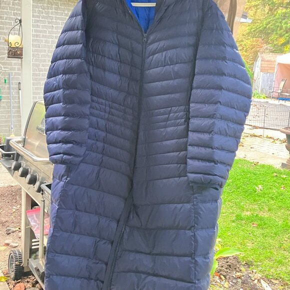 Oversized Navy Blue Down Coat Ankle Length / Hood / Royal Blue Lining Packable - Picture 11 of 12